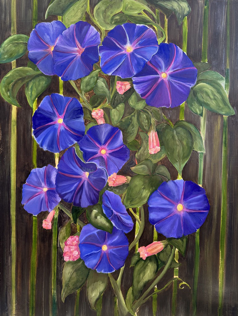 Morning Glories - Oil painting of exuberant Morning Glories on masonite panel. Custom framed.
