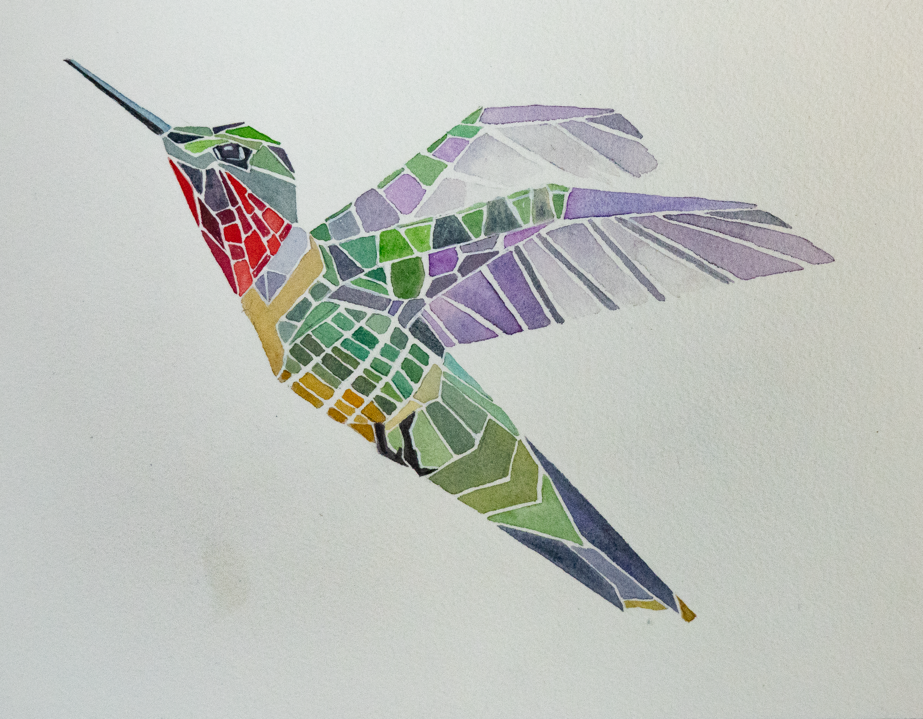 Red Throated Hummingbird - Watercolor on 140# cold pressed paper, mounted on cradled wood panel and rubbed with cold wax for protection. Part of a series of Colorado birds.